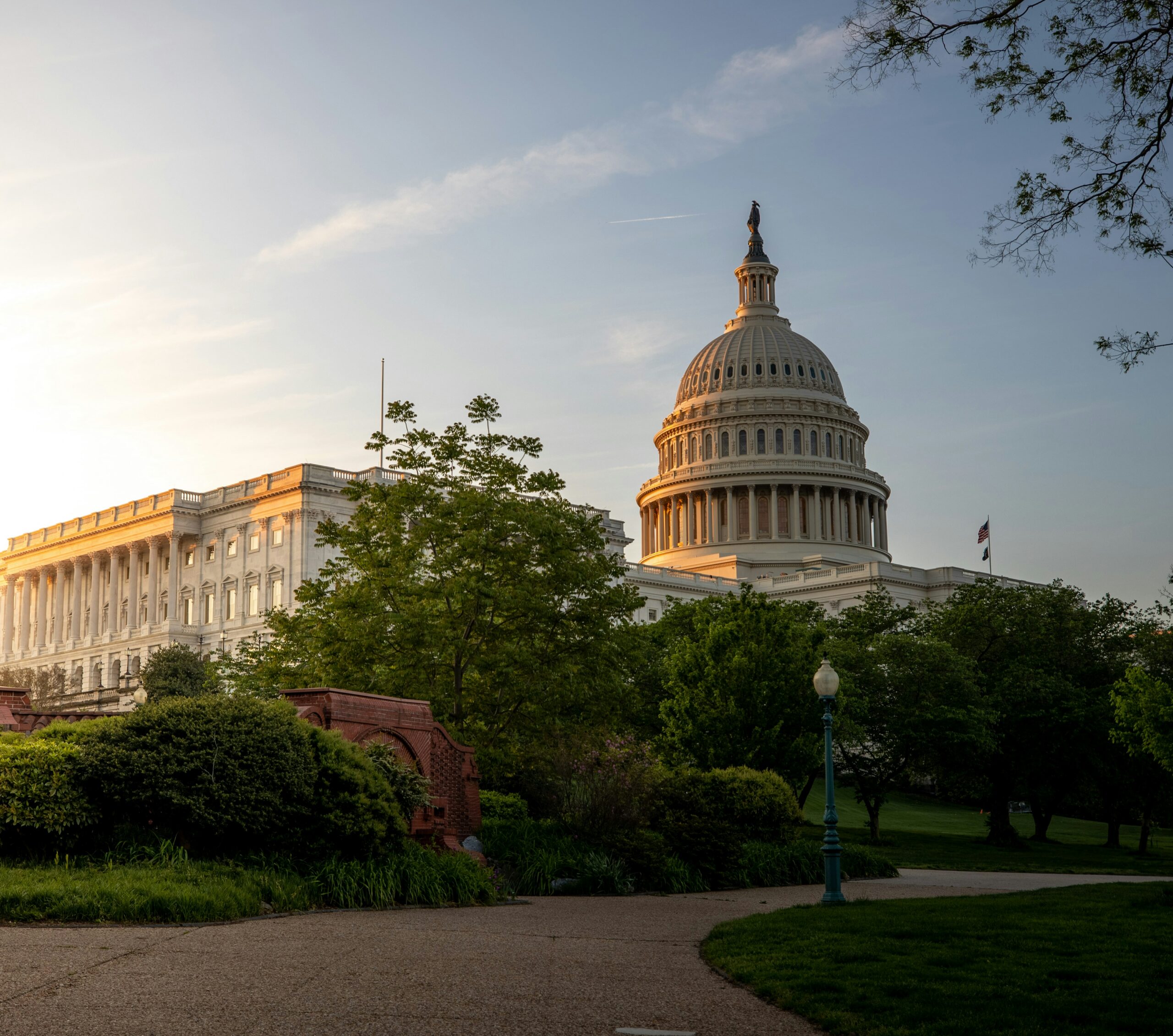 US Capitol dome at golden-hour sunrise, framed by trees