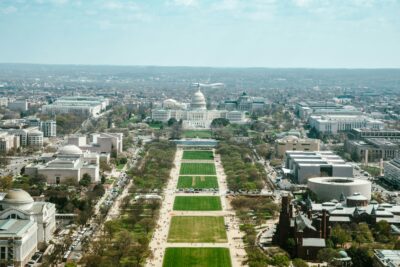 Aerial daytime view of the National Mall and Capitol from the Washington Monument