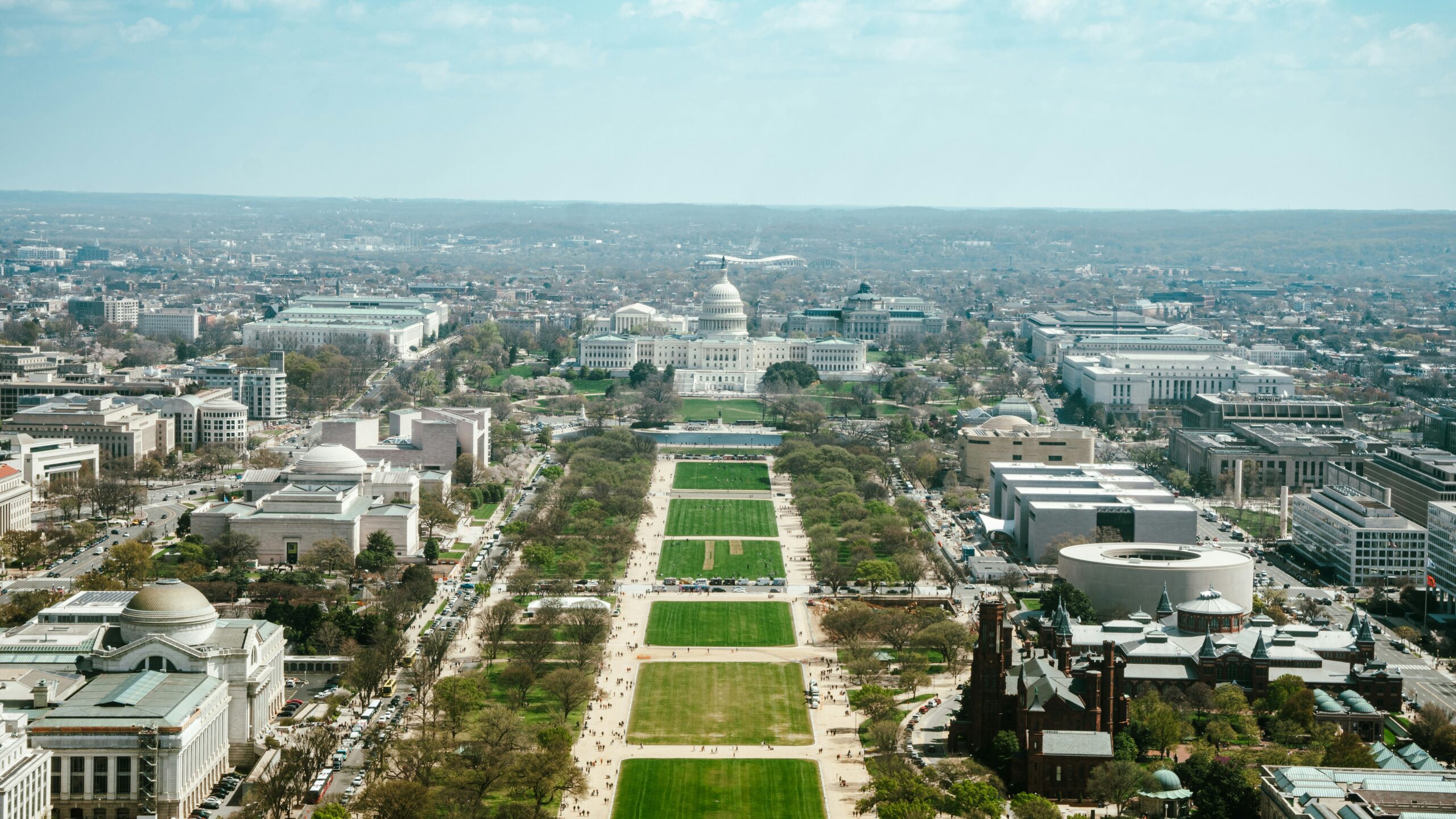 Aerial daytime view of the National Mall and Capitol from the Washington Monument