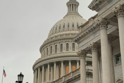 US Capitol dome close-up on an overcast day with lamppost in foreground