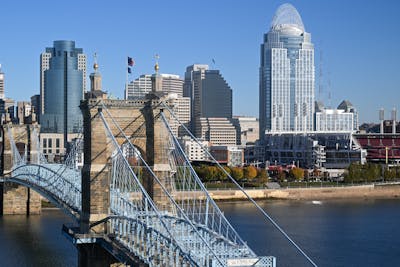 Stunning view of Cincinnati skyline featuring the historic Roebling Suspension Bridge.